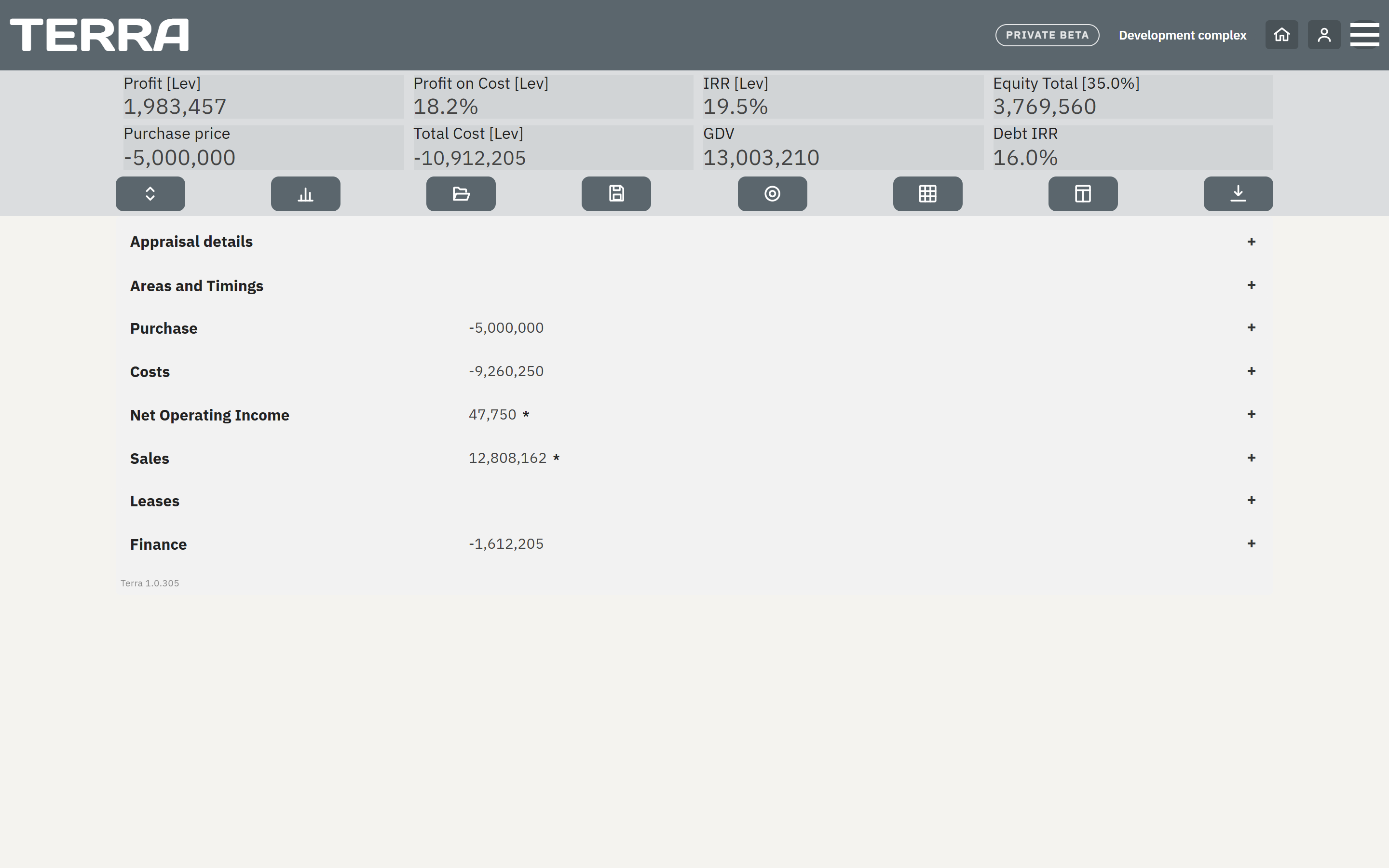 The Terra app on a desktop: the KPI banner with profit, profit on cost, IRR, equity multiple and margins across the top, and the appraisal below as a list of sections with running totals.