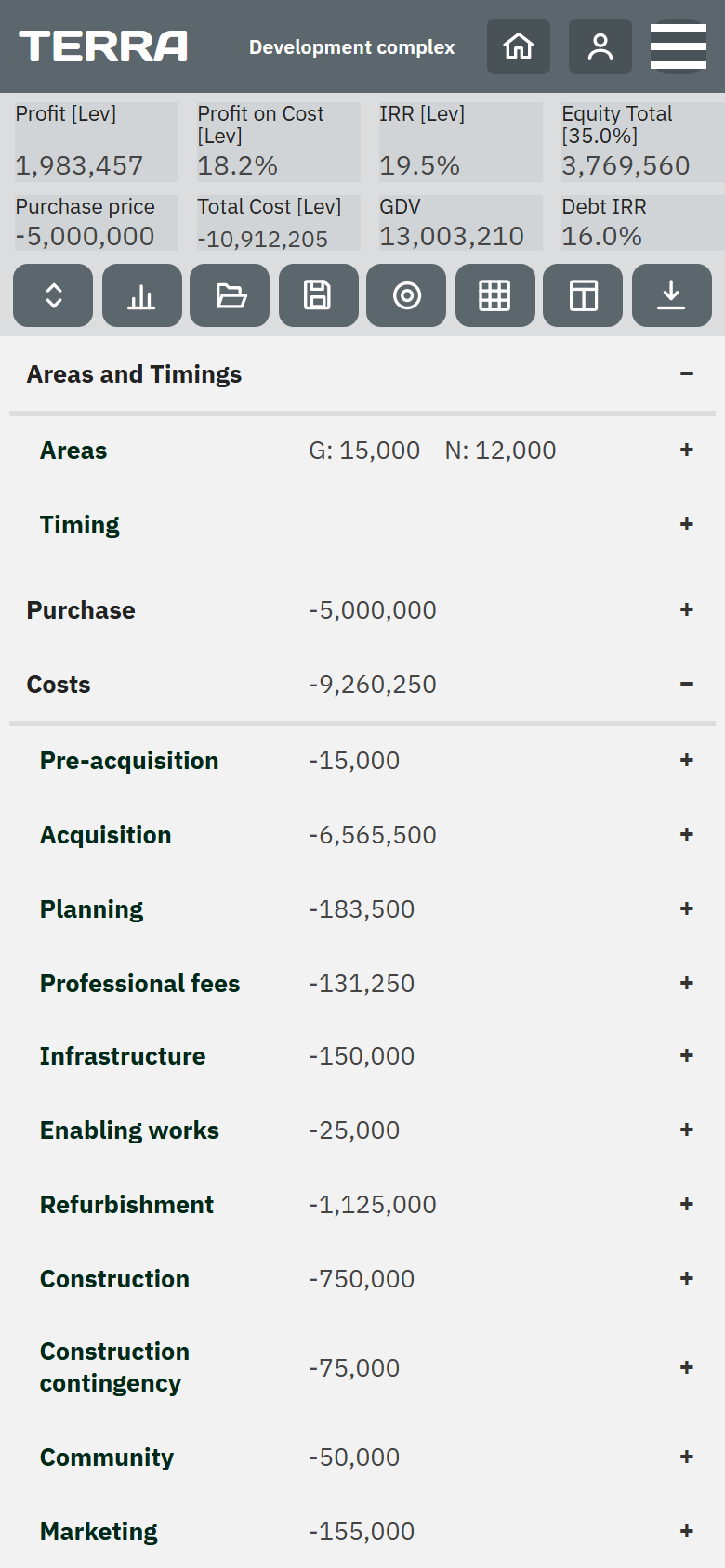 Terra running in a browser on a phone-width screen: profit,
                   profit on cost, IRR and equity across the top banner, and
                   the appraisal below with Areas and Timings and the Costs
                   sections opened, each cost section with its total.