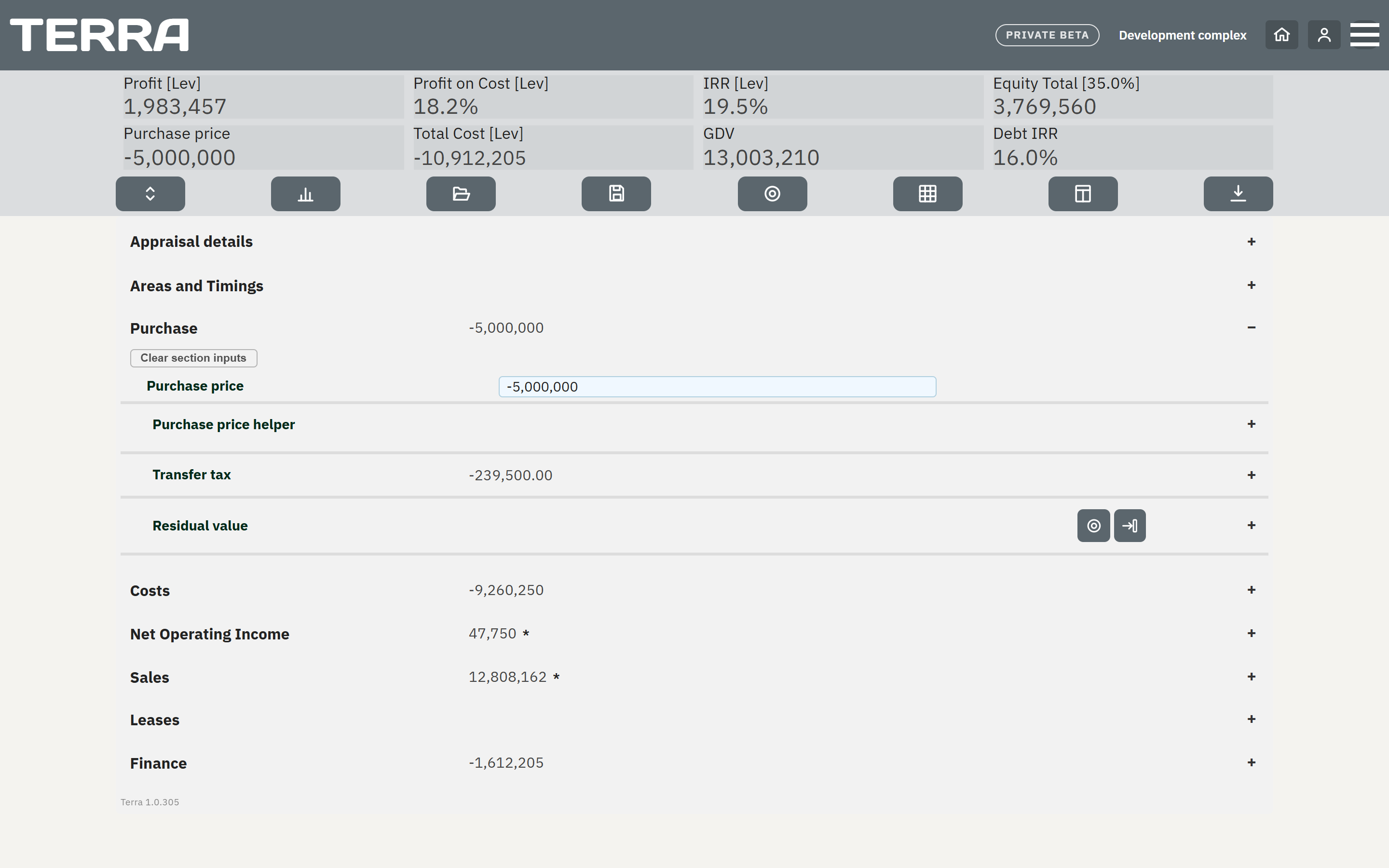 The Purchase section: the purchase price, the purchase price helper, Transfer tax with its total, and the residual value solver.