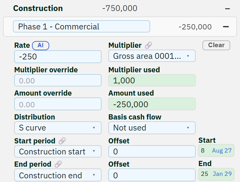 A typical Terra line item - the first line of the Construction
             section, showing its rate, multiplier, distribution curve, start
             and end periods, and the amount it produces.
