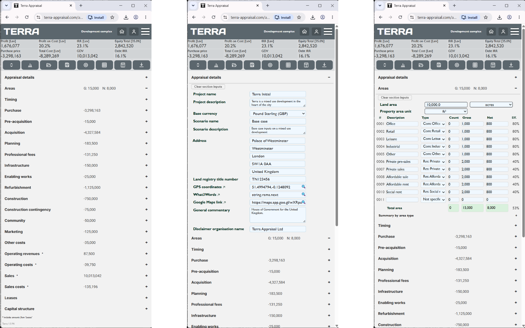 Three views of the Terra app: the whole appraisal as a list of sections with running totals under a KPI banner; Appraisal details expanded showing project name, base currency and address; and the Areas table listing office, retail, leisure, industrial and residential areas with gross, net and efficiency.