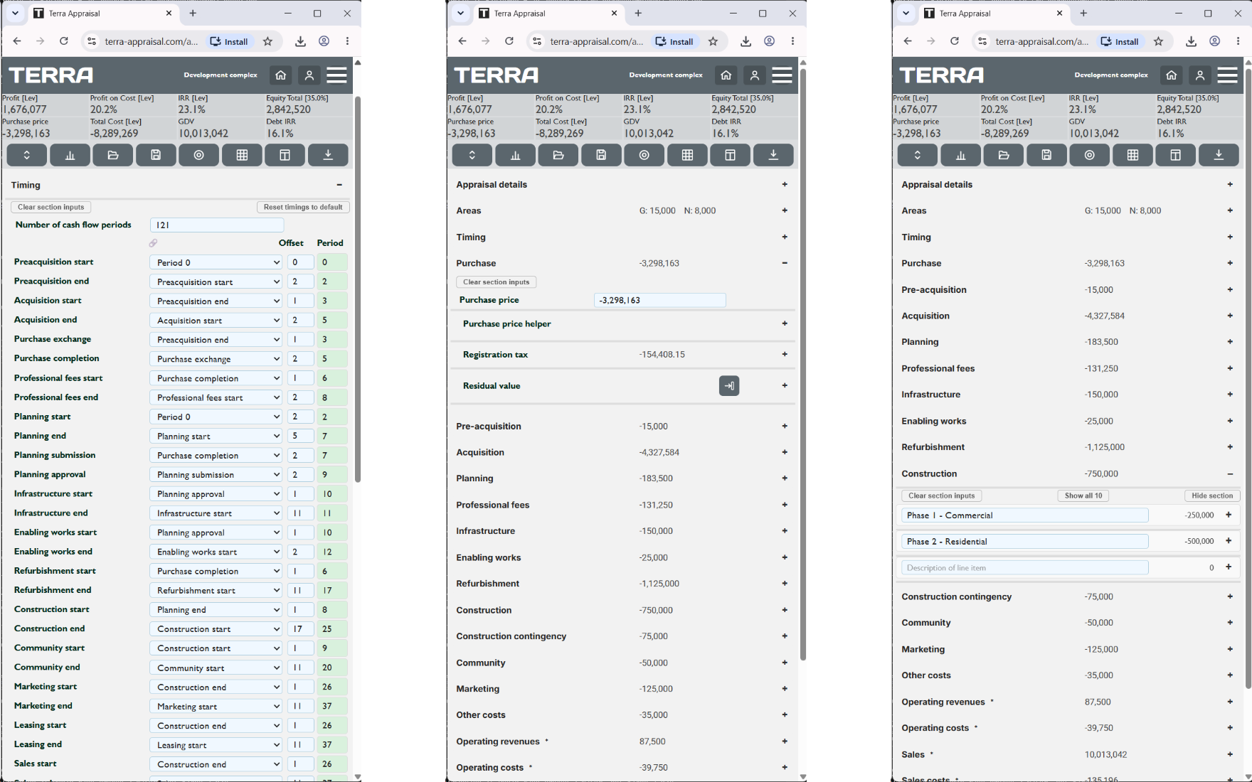 Three more views: the Timing table placing every stage on the monthly timeline by link and offset; the Purchase section with its price helper, registration tax bands and the residual value solver set to a leveraged IRR target; and Professional fees itemised line by line.