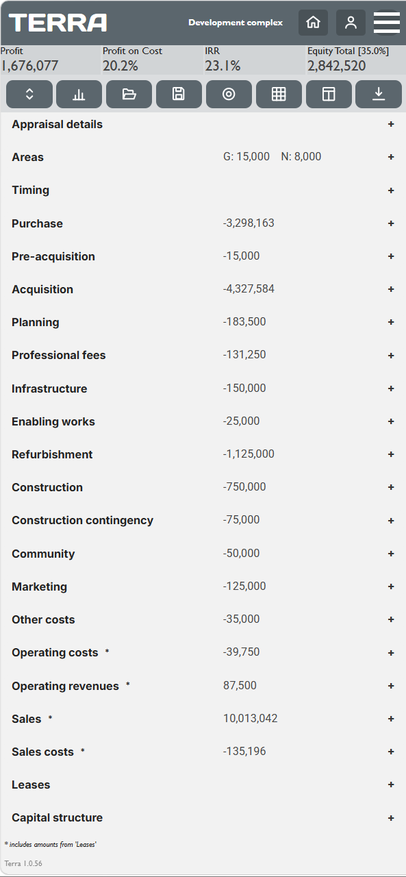 Terra running in a browser on a phone-width screen: the
                   appraisal sections listed with their totals, and profit,
                   profit on cost, IRR and equity across the top banner.