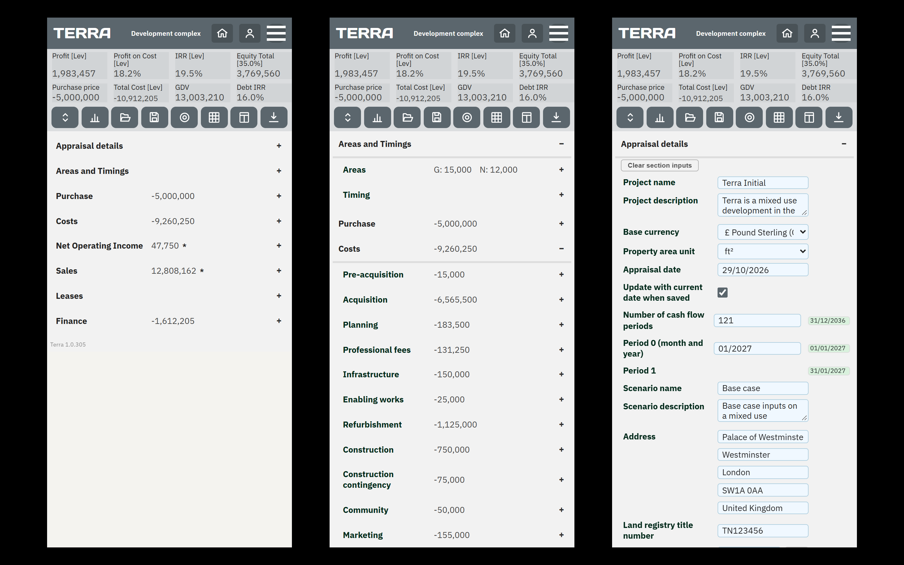 Three iPhone screens of the Terra app: the appraisal as a list of sections under the KPI banner; Areas and Timings open above the Costs sections, each with its total; and Appraisal details with the project name, currency, appraisal date and address.